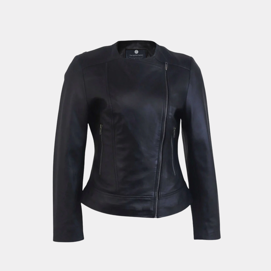Women Round Necked Black Leather Jacket