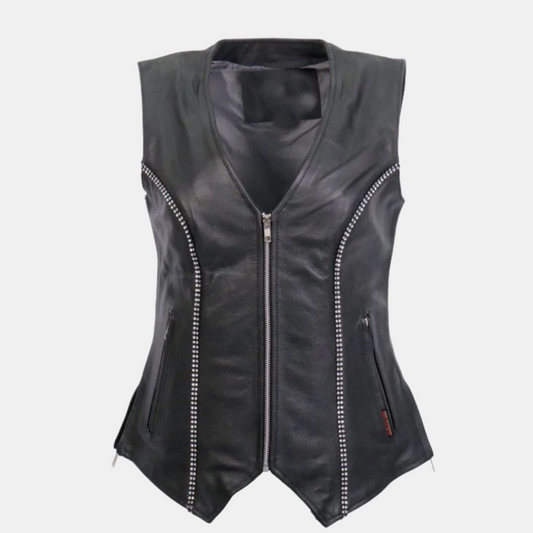 Rhinestone Black Leather Vest