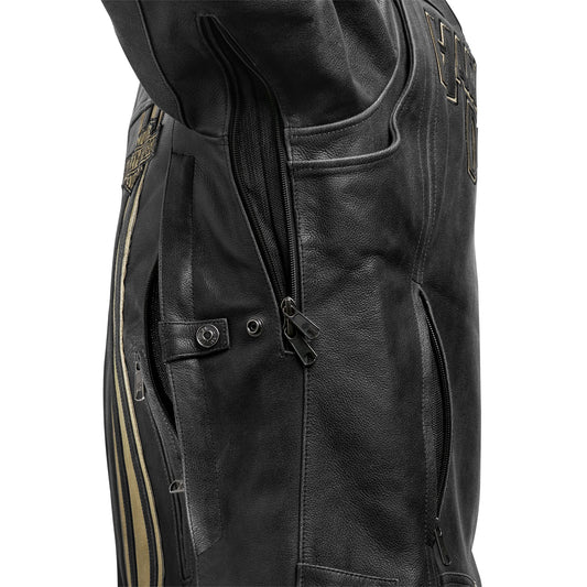 Harley Davidson Men's Black Vintage Motorcycle Leather Jacket with Racing Stripe & Stand Collar