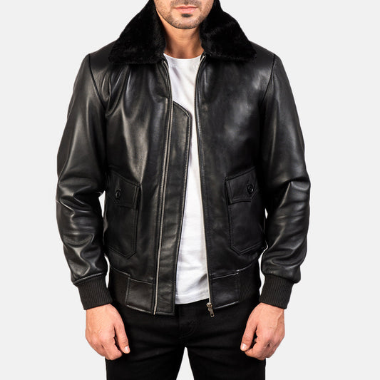 Zipper Black Leather Bomber Jacket