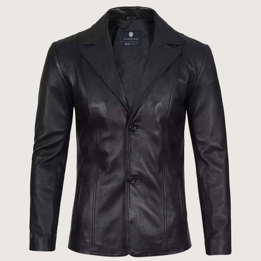 Men's Lapel Color Black Leather Blazer