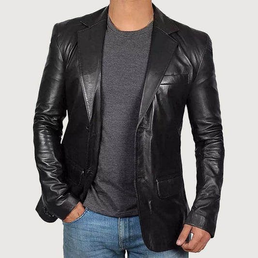 Men's Black Leather Blazer Jacket