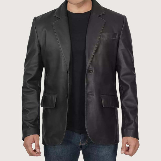Mens 2 Button Closure Black Leather Blazer