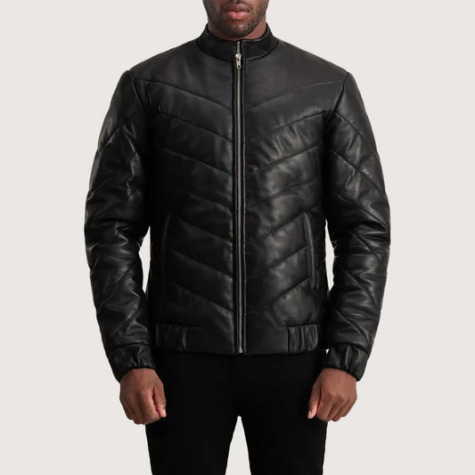 Travis Black Leather Puffer Jacket