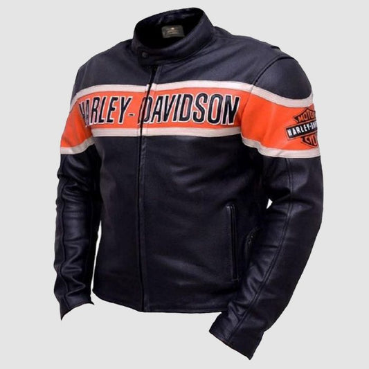 Harley Davidson Men's Black Café Racer Leather Motorcycle Jacket with Orange Stripe ,Racing Jacket ,Gift