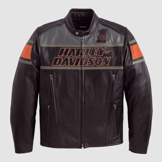 Harley Davidson Men's Black Premium Motorcycle Leather Jacket with Orange Stripe Detail,Motor Bike Jacket , gift ,handmade