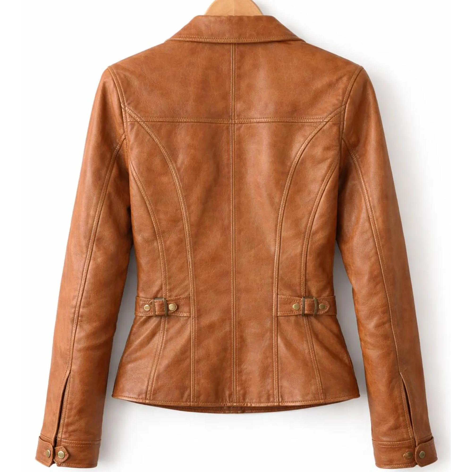 Women's Tan Brown Leather Moto Jacket - Zip Up Biker Jacket