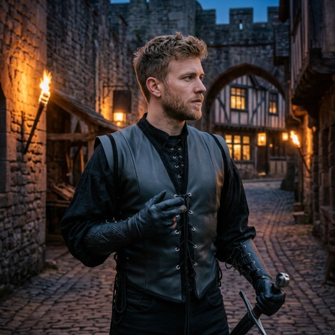 Men’s Black Medieval Leather Lace-Up Vest GIFT