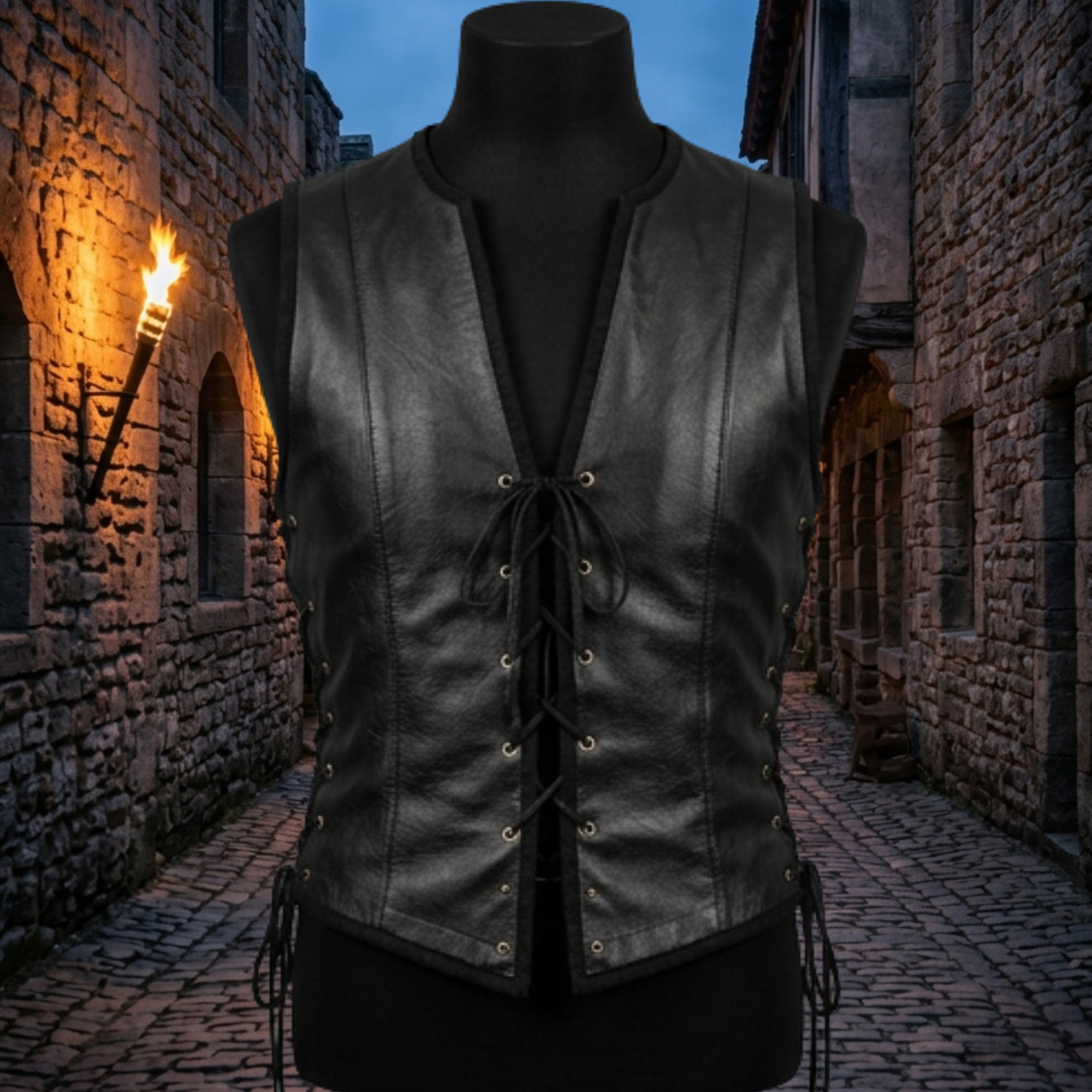 Men’s Black Medieval Leather Lace-Up Vest GIFT