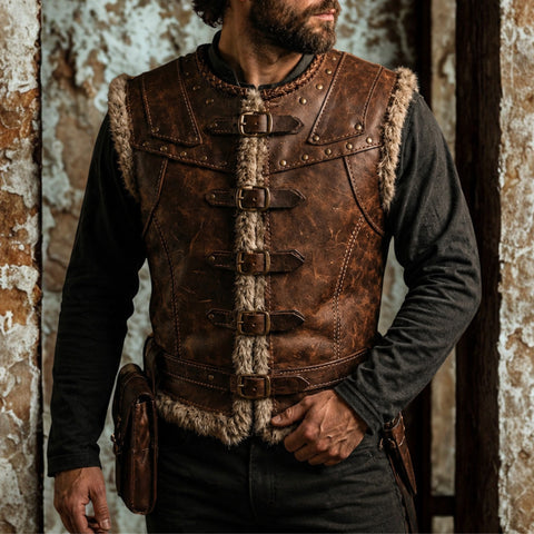 Men's Viking Leather Vest Brown | Barbarian Fur Vest | Treven Leather