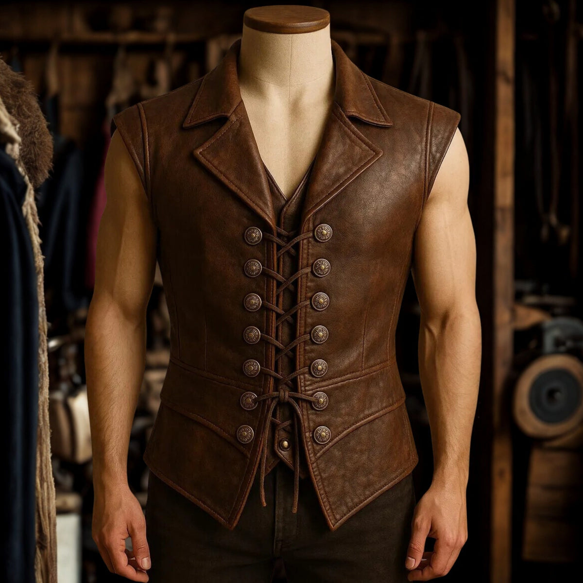 Men's Brown Leather Vest Lace-Up - Vintage Pirate Steampunk Waistcoat