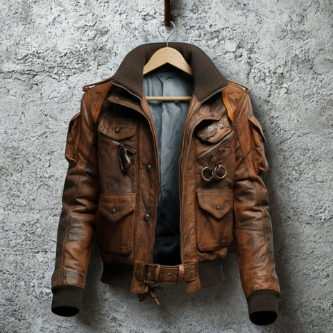 Men's Brown Vintage Distressed Leather Bomber Jacket - Aviator Flight Utility Jacket