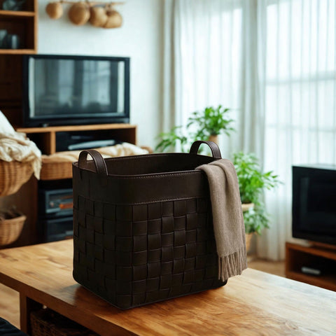 Woven Leather Storage Basket with Handles – Large Blanket Basket, Home Organizer & Rustic Decor
