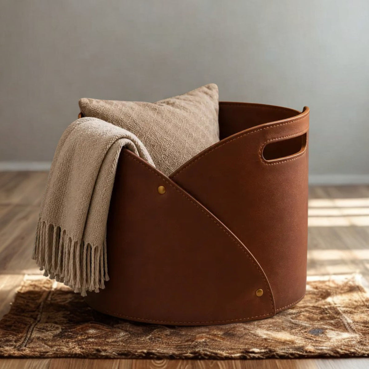 Genuine Leather Blanket Storage Basket – Large Leather Organizer, Rustic Home Decor, Throw Blanket & Pillow Basket