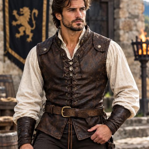 Men’s Vintage Brown Leather Medieval Lace-Up Vest