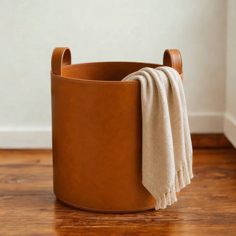 Genuine Leather Storage Basket with Handles – Blanket Basket, Laundry & Home Organizer
