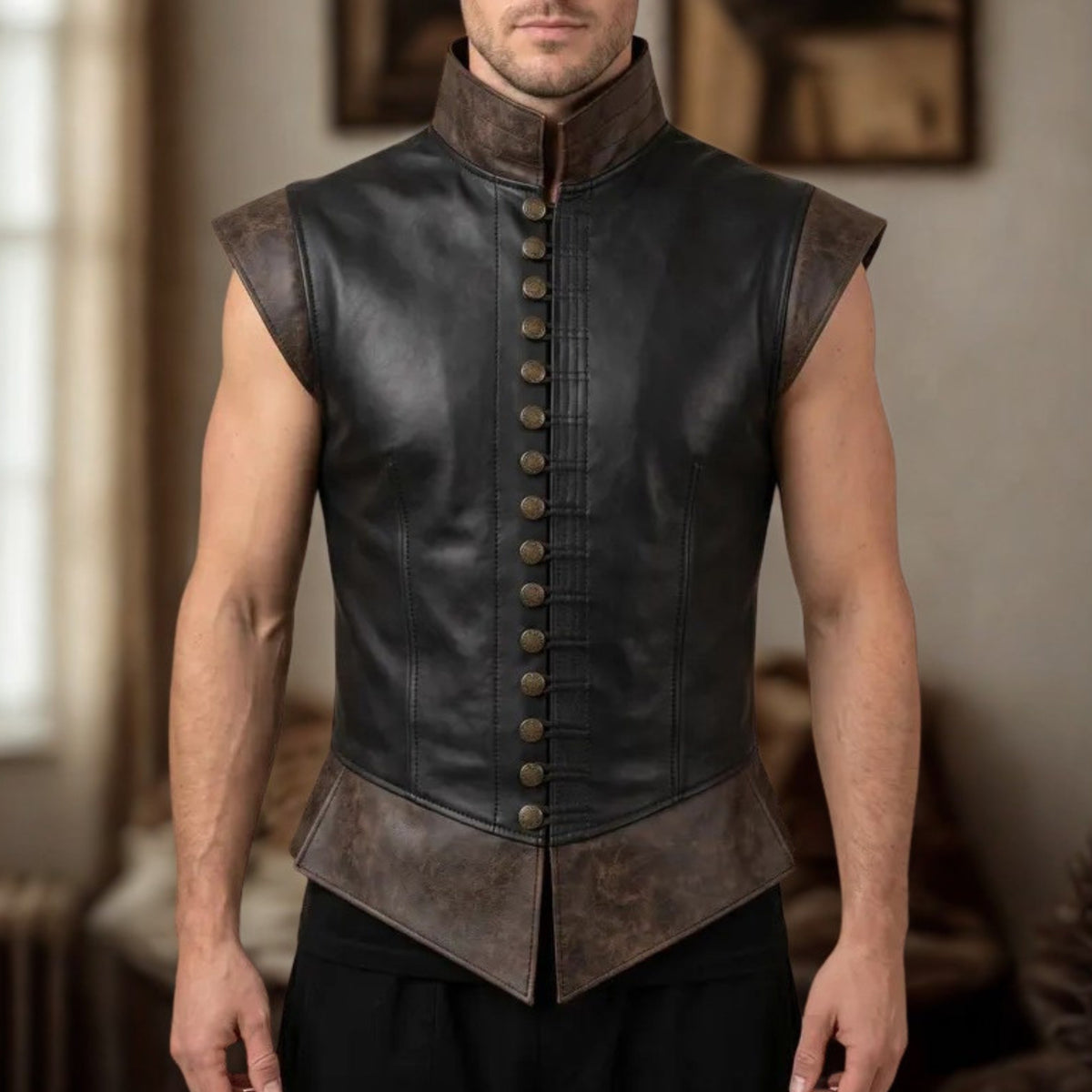 Men’s Black Leather Vest – Vintage Gothic Steampunk Waistcoat | Medieval Warrior Style | Treven Leather
