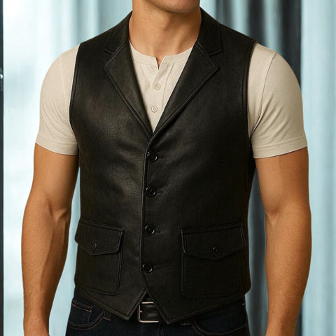 Men's Black Formal Leather Vest | Vintage Lapel Waistcoat | Treven