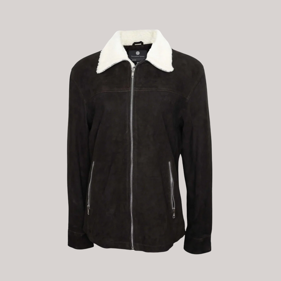 Black Shearling Suede Bomber Jacket