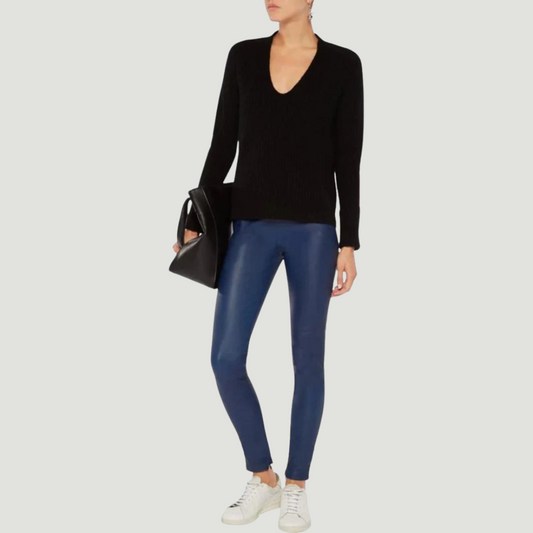 WOMEN'S BLUE FAUX LEATHER PANTS