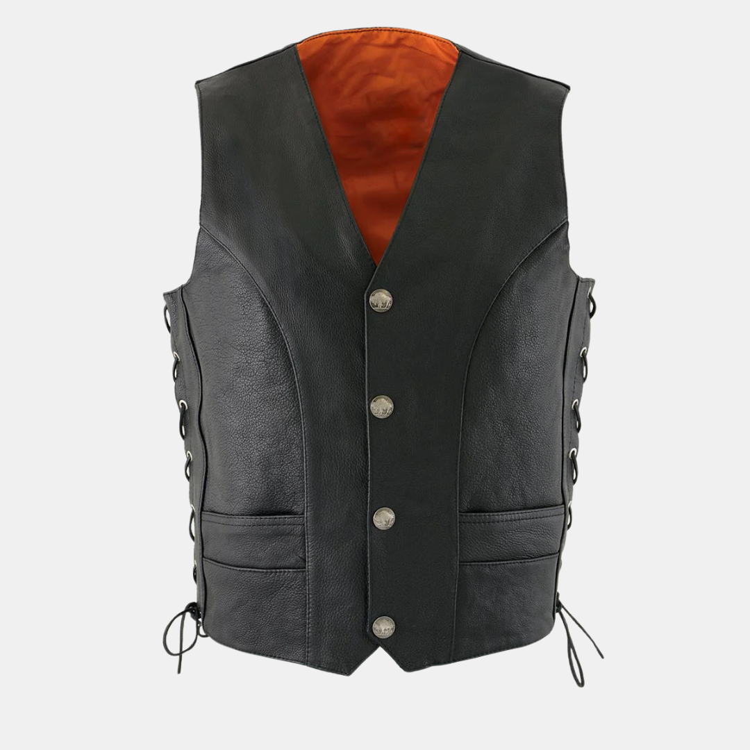 Men's Black Motorcycle Rider Vest - Buffalo Nickel Closure