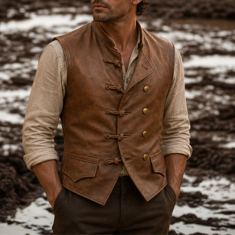 Men's Vintage Brown Leather Vest | Pirate Toggle Waistcoat | Treven Leather