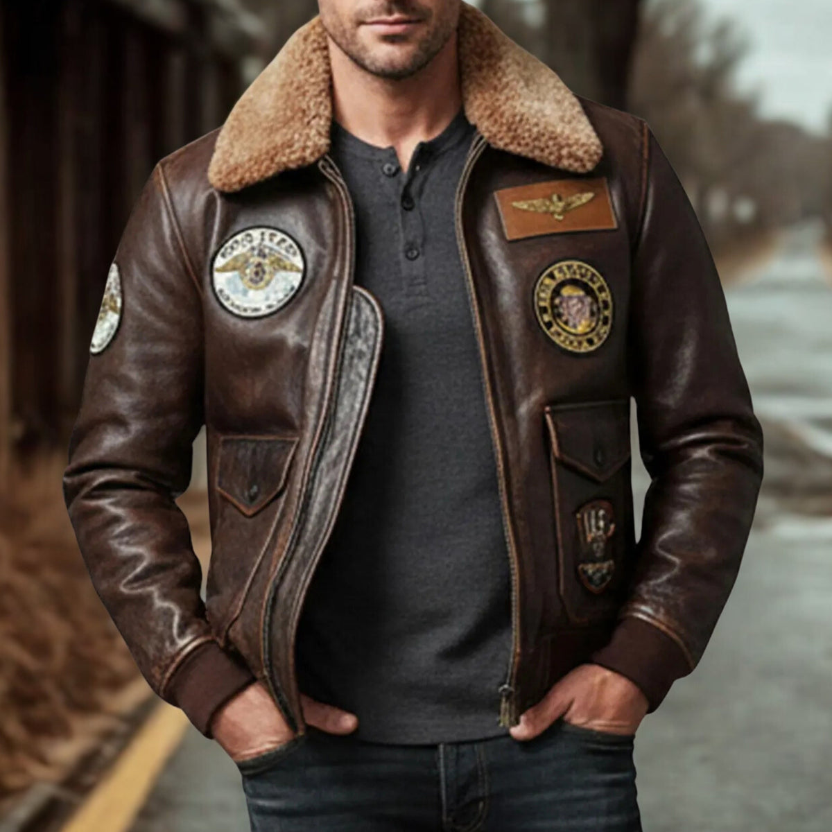 Men's Brown G-1 Top Gun Aviator Bomber Jacket - Shearling Leather Flight Jacket with Patches