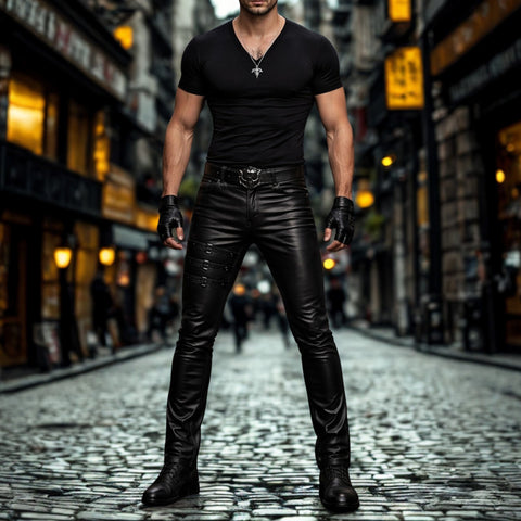 Men's Black Leather Pants with Thigh Buckles - Slim Fit Gothic Biker Pants