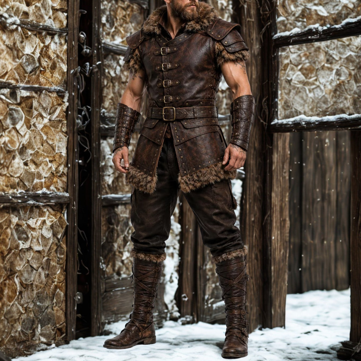 Men's Brown Viking Leather Vest - Barbarian Warrior Armor Waistcoat with Fur