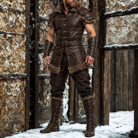 Men's Brown Viking Leather Vest - Barbarian Warrior Armor Waistcoat with Fur
