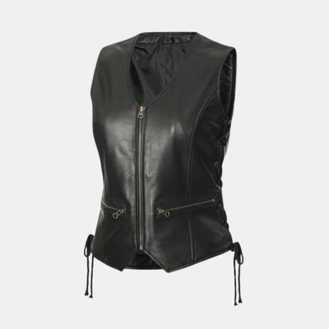 Womens Motorcycle Black Leather Zipper Vest