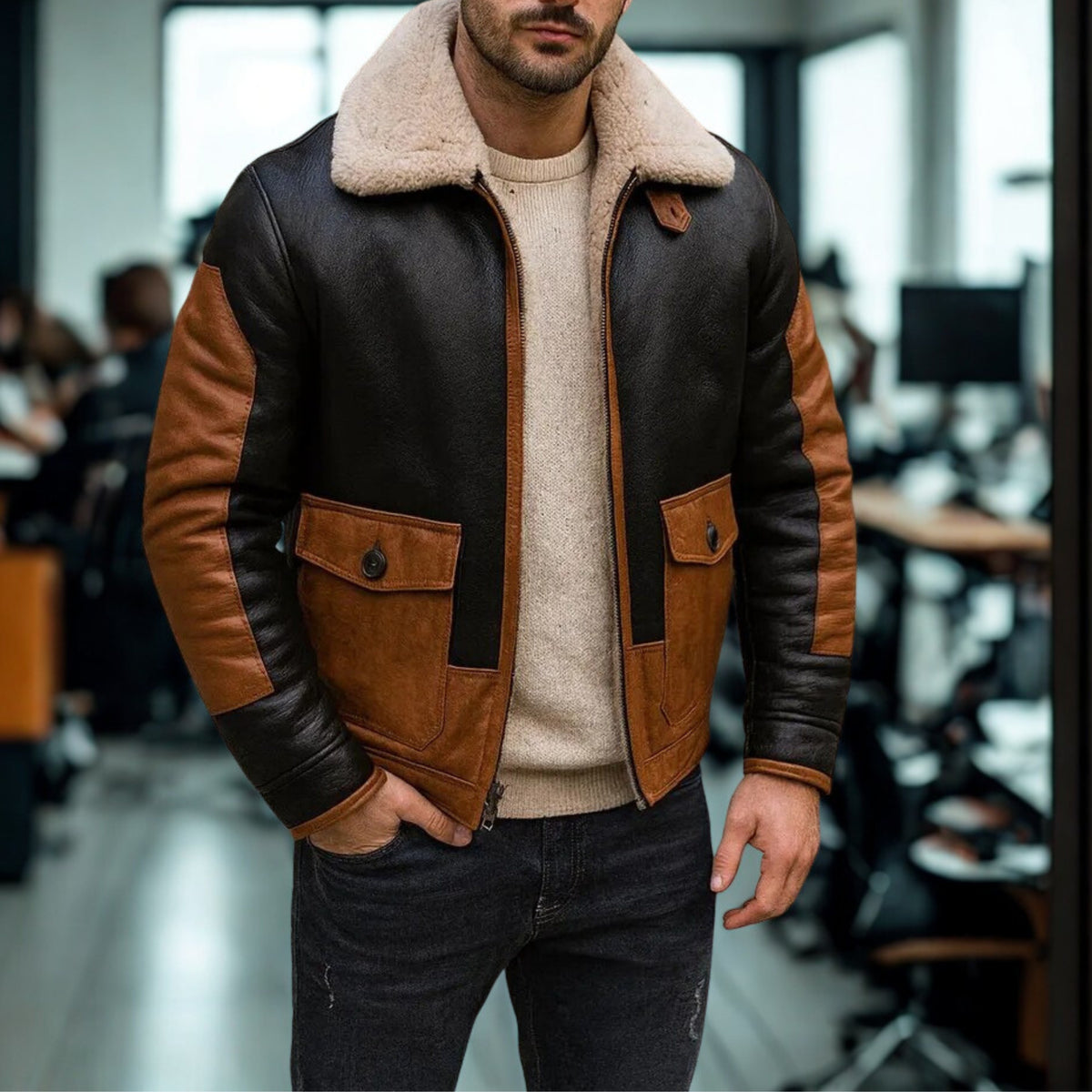 Men's Black & Tan Old Money Aviator Jacket - Shearling Collar Leather Bomber
