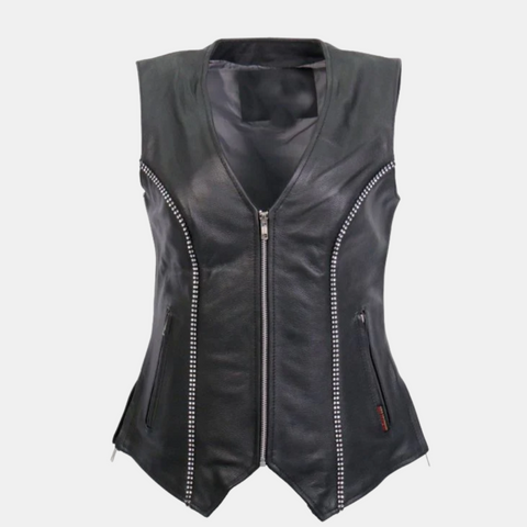 Rhinestone Black Leather Vest