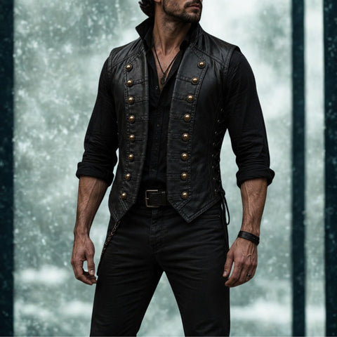 Men's Black Leather Vest Vintage Military - Pirate Double Button Waistcoat