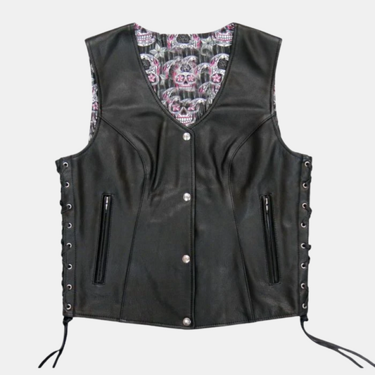 Sugar Skull Lined Black Leather Vest