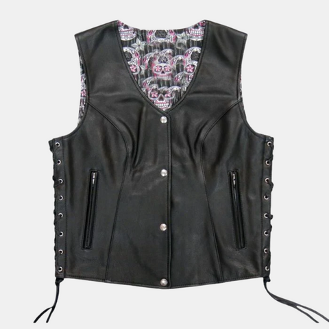 Sugar Skull Lined Black Leather Vest