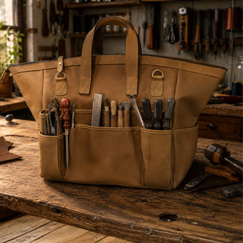 Genuine Leather Tool Tote Bag - Heavy Duty Craft & Workshop Tote | Treven Leather