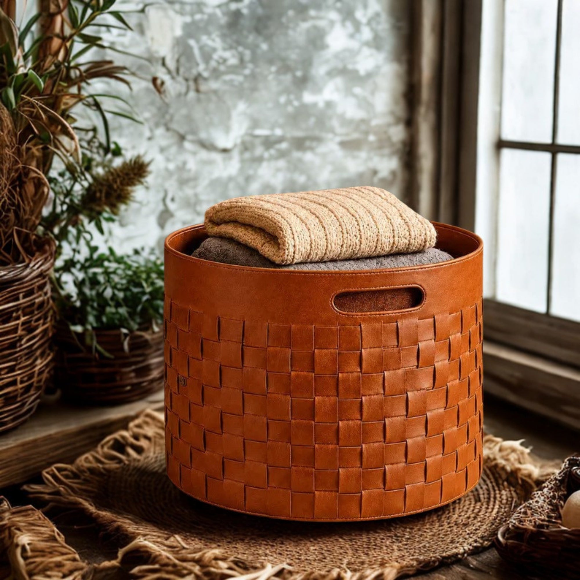 Black Woven Leather Storage Basket - 4 Sizes | Blanket Hamper