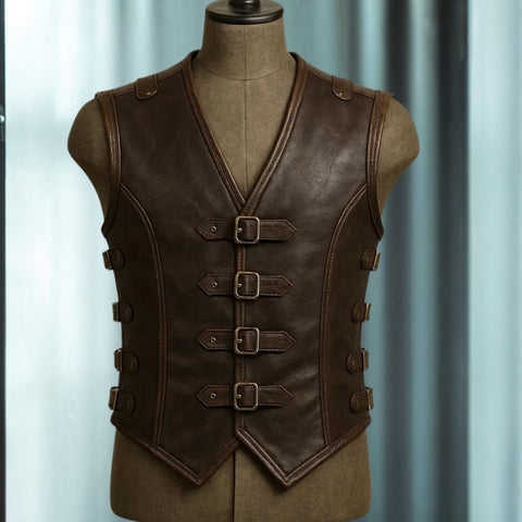 Men's Brown Leather Buckle Vest | Vintage Western Waistcoat | Treven