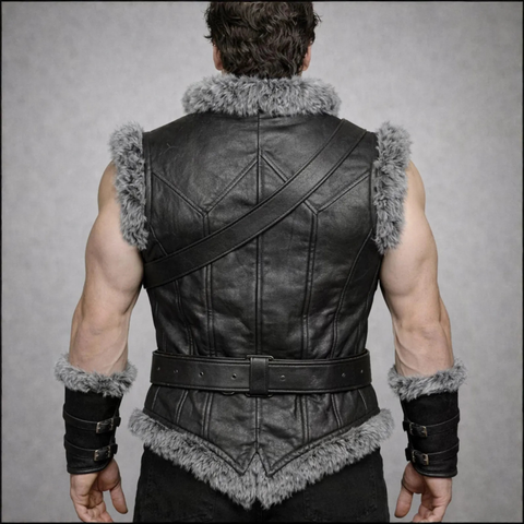 Men’s Black Genuine Leather Fur-Trimmed Warrior Vest