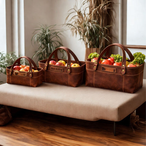 Genuine Leather Storage Baskets - Handmade Nesting Market Totes | Treven Leather