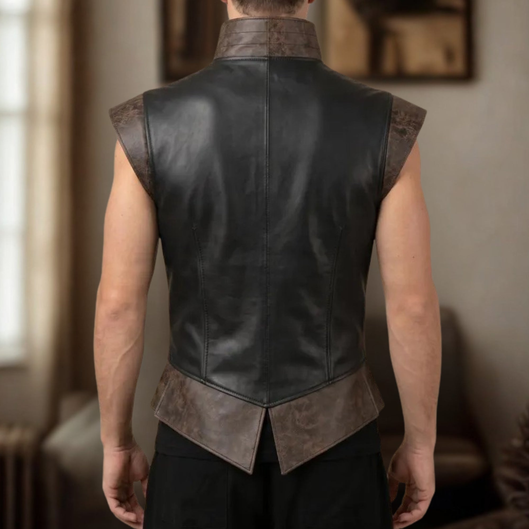 Men’s Black Leather Vest – Vintage Gothic Steampunk Waistcoat | Medieval Warrior Style | Treven Leather