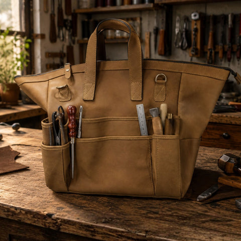 Genuine Leather Tool Tote Bag - Heavy Duty Craft & Workshop Tote | Treven Leather