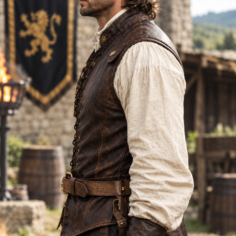Men’s Vintage Brown Leather Medieval Lace-Up Vest