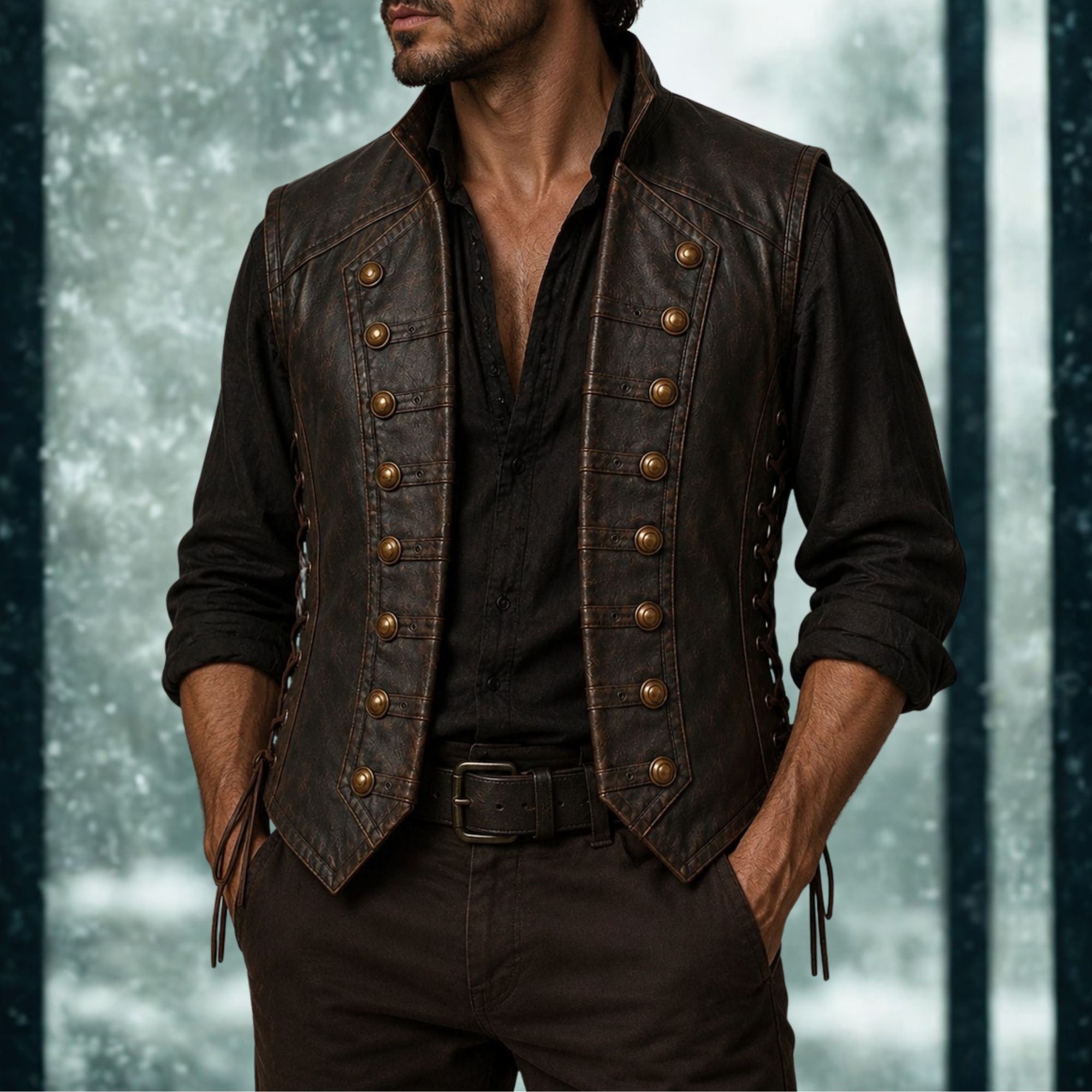 Men's Black Leather Vest Vintage Military - Pirate Double Button Waistcoat