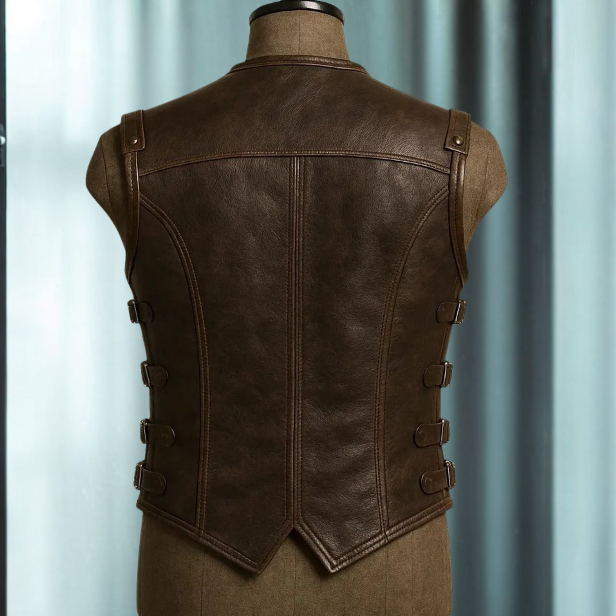 Men's Brown Leather Buckle Vest | Vintage Western Waistcoat | Treven