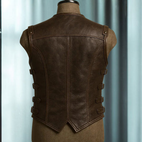 Men's Brown Leather Buckle Vest | Vintage Western Waistcoat | Treven
