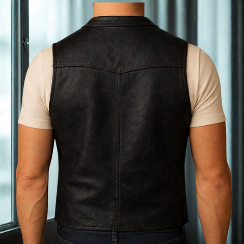 Men's Black Formal Leather Vest | Vintage Lapel Waistcoat | Treven