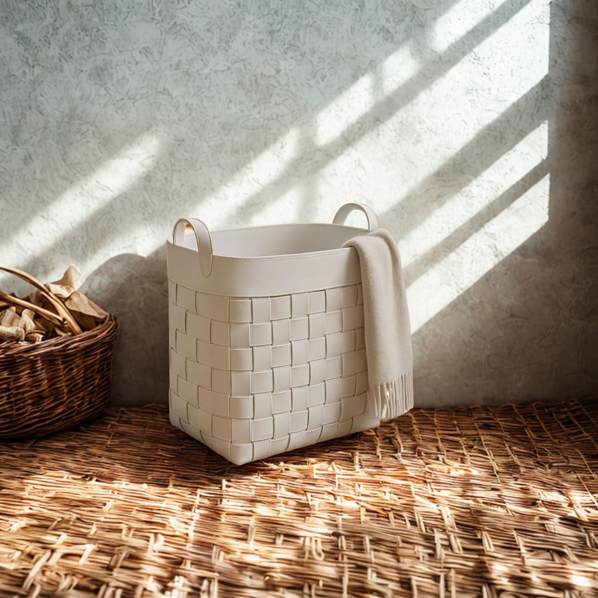 Woven Leather Storage Basket with Handles – Large Blanket Basket, Home Organizer & Rustic Decor