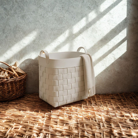 Woven Leather Storage Basket with Handles – Large Blanket Basket, Home Organizer & Rustic Decor